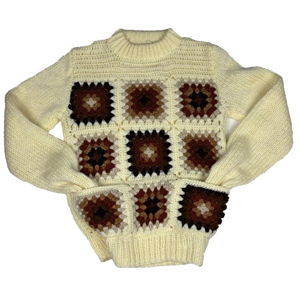 Vintage 70s Granny Square Crochet 3D Knit Mockneck Sweater‎ Cream Brown Boho S